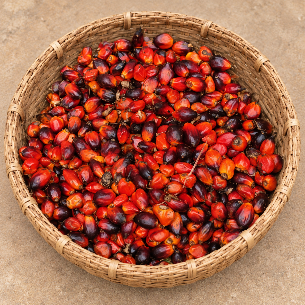 Fresh red palm fruits in a clean woven basket